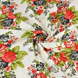 Baumwolle 100% Blumen rote und schwarze Rosen auf ecrufarbenem Hintergrund  