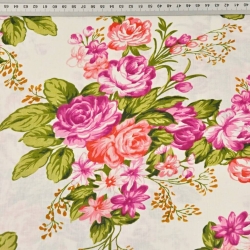Baumwolle 100% Blumen fuchsia und rote Rosen auf ecrufarbenem Hintergrund  