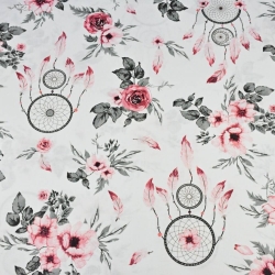 Baumwolle 100% Blumen Rosen mit Traumfänger rot-grau auf weißem Hintergrund  