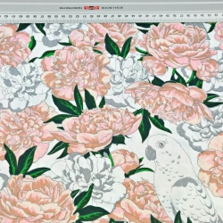 100% Baumwolle rosa Blumen mit Papageien auf weißem Hintergrund  