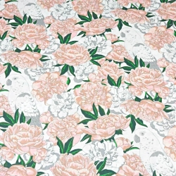 100% Baumwolle rosa Blumen mit Papageien auf weißem Hintergrund  