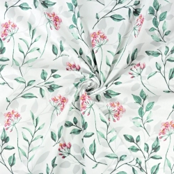 Baumwolle 100% rosa Blumen mit grün-grauen Blättern auf weißem Hintergrund  