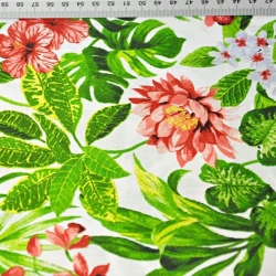 Baumwolle 100% Kretensblüten rot-weiß mit grünen Blättern auf weißem Hintergrund  