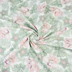 Baumwolle 100% Orchideenblüten mit Salbeiblättern auf weißem Hintergrund  