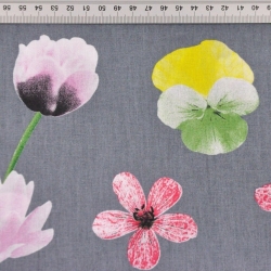 Baumwolle 100% Frühlingsblumen auf grauem Hintergrund  