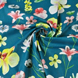 Baumwolle 100% Frühlingsblumen auf smaragdgrünem Hintergrund  