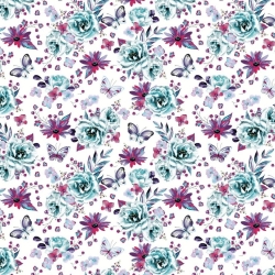 Baumwolle 100% Blumen mit Schmetterlingen mint-lila auf weißem Hintergrund  