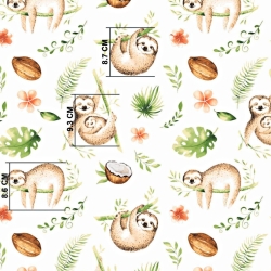 Baumwolle 100% Faultiere beige-grün auf weißem Hintergrund  