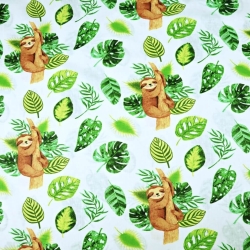 Baumwolle 100% Faultiere mit grünen Blättern auf weißem Hintergrund  