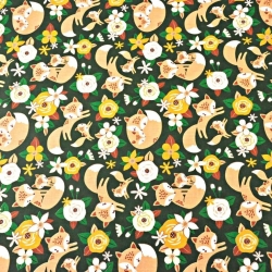 Baumwolle 100% Füchse beige mit orangefarbenen Blumen auf dunkelgrünem Hintergrund  