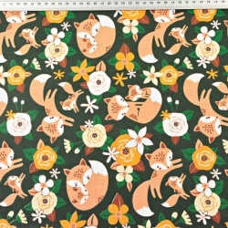Baumwolle 100% Füchse beige mit orangefarbenen Blumen auf dunkelgrünem Hintergrund  