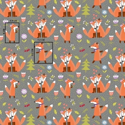 Baumwolle 100% orange Füchse auf grauem Hintergrund  