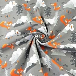 Baumwolle 100% orange Füchse in den Bergen auf grauem Hintergrund  