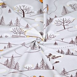 Baumwolle 100% Füchse im Winter mit orangefarbenen Häusern auf grauem Hintergrund  