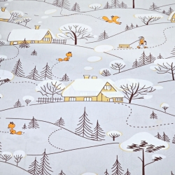 Baumwolle 100% Füchse im Winter mit orangefarbenen Häusern auf grauem Hintergrund  