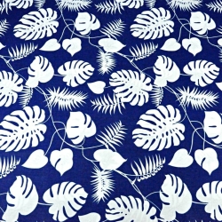 100% Baumwolle - weiße Blätter auf dunkelblauem Hintergrund  