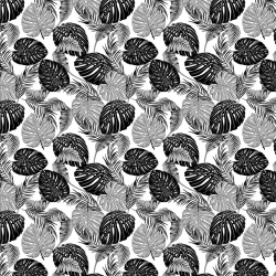 Baumwolle 100% große Monstera-Blätter schwarz-grau auf weißem Hintergrund  