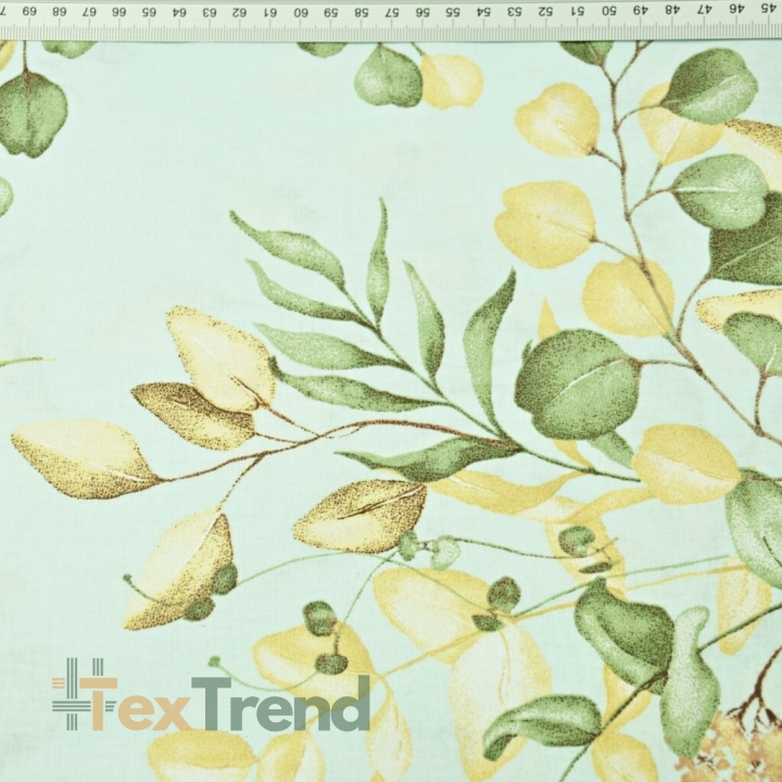Baumwolle 100% Mini-Eukalyptusblätter auf mintfarbenem Hintergrund  