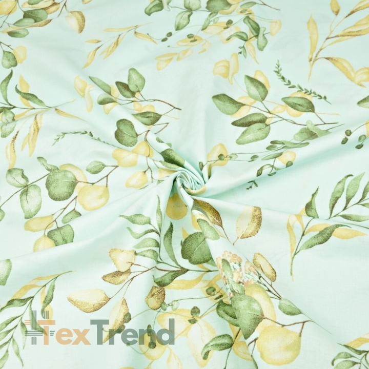Baumwolle 100% Mini-Eukalyptusblätter auf mintfarbenem Hintergrund  