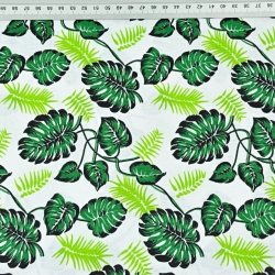 Baumwolle 100% - kleine grüne Monstera-Blätter auf weißem Hintergrund  