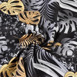 Baumwolle 100% Monstera-Blätter gelb-grau auf schwarzem Hintergrund  