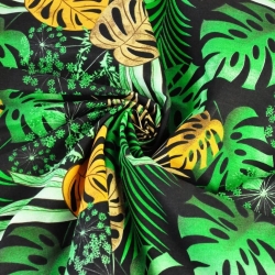 Baumwolle 100% Monstera-Blätter gelb-grün auf schwarzem Hintergrund  