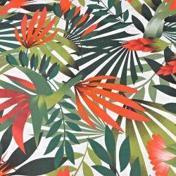 Baumwolle 100% grün-rote Palmblätter auf weißem Hintergrund  