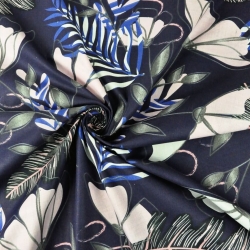 Baumwolle 100% Farnblätter mit Blumen auf marineblauem Hintergrund  