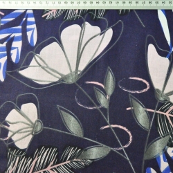 Baumwolle 100% Farnblätter mit Blumen auf marineblauem Hintergrund  