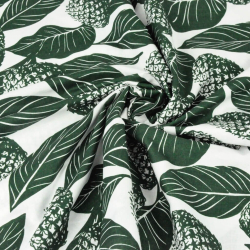 Baumwolle 100% Blätter mit Ananas dunkelgrün auf weißem Hintergrund  