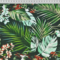 100% Baumwolle - Blätter mit Papageien in grün-mint auf dunkelgrünem Hintergrund  