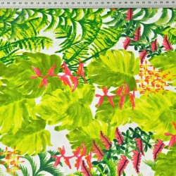 Baumwolle 100% grüne Palmenblätter mit rosa Orchidee auf weißem Hintergrund  