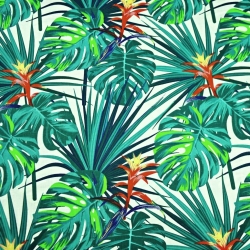 Baumwolle 100% Blätter grün-blau auf weißem Hintergrund  