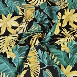 Baumwolle 100% Blätter gold-smaragd auf schwarzem Hintergrund  