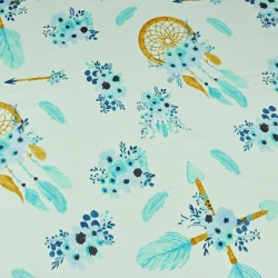 Baumwolle 100% Traumfänger mit Pfeilen blau-minze auf pistazienfarbenem Hintergrund  