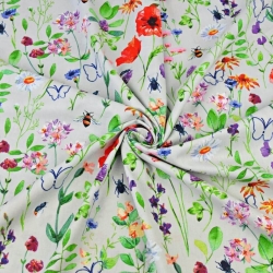 Baumwolle 100% Wiese mit Insekten auf hellgrauem Hintergrund  