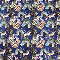 Baumwolle 100% Magischer Zirkus rosa-blau auf jeansfarbenem Hintergrund  