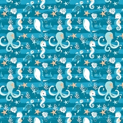 Baumwolle 100% Meereswelt auf meeresfarbenem Hintergrund  