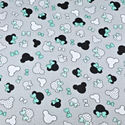 Baumwolle 100% - kleine schwarz-minzfarbene Miki mit Schleife auf grauem Hintergrund  