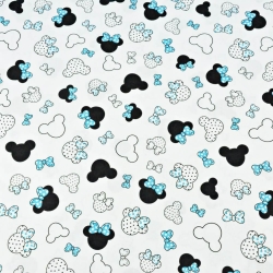 Baumwolle 100% - kleine schwarz-türkisfarbene Miki mit Schleife auf weißem Hintergrund  