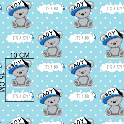 Baumwolle 100% Bären JUNGE mit weißen Punkten auf blauem Hintergrund  