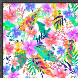 Dresówka Pümpel Digitaldruck - Neonblumen und -blätter auf weißem Hintergrund  