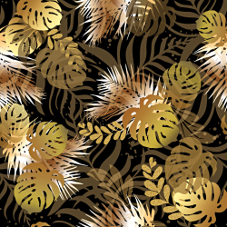 Sweatshirtstoff Loop Digitaldruck - goldene Blätter auf schwarzem Hintergrund  