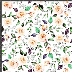 Interlock-Jersey Digitaldruck - cremefarbene Röschen mit grünen Blättern auf weißem Hintergrund  