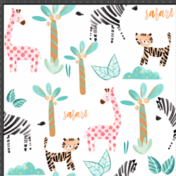 Interlock Jersey Digitaldruck - afrikanische Tiere pastell auf weißem Hintergrund  