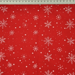 Jersey-Stoff weiße Schneeflocken auf dunkelrotem Hintergrund  