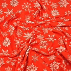 Jersey-Stoff weiße Schneeflocken auf rotem Hintergrund  