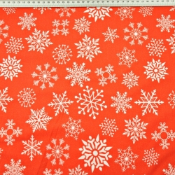 Jersey-Stoff weiße Schneeflocken auf rotem Hintergrund  