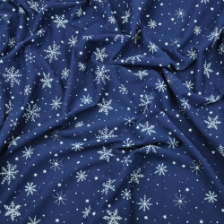 Jersey-Stoff weiße Schneeflocken auf marineblauem Hintergrund  