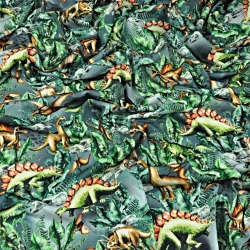 Jersey-Stoff Digitaldruck, Dinosaurier auf grau-grünem Hintergrund  